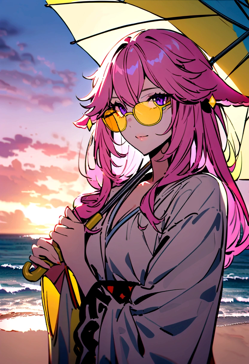 yae miko wearing stylish yellow sunglasses, Holding an umbrella, Pink Hair, Purple Eyes, beach