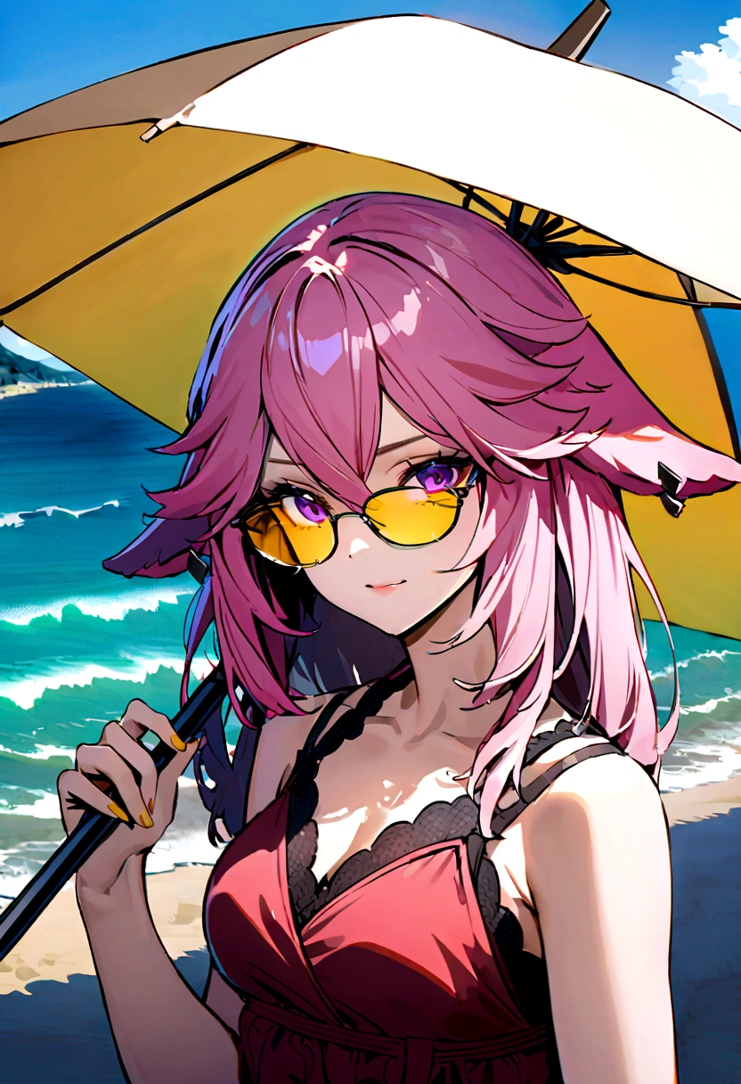 yae miko wearing stylish yellow sunglasses, Holding an umbrella, Pink Hair, Purple Eyes, beach