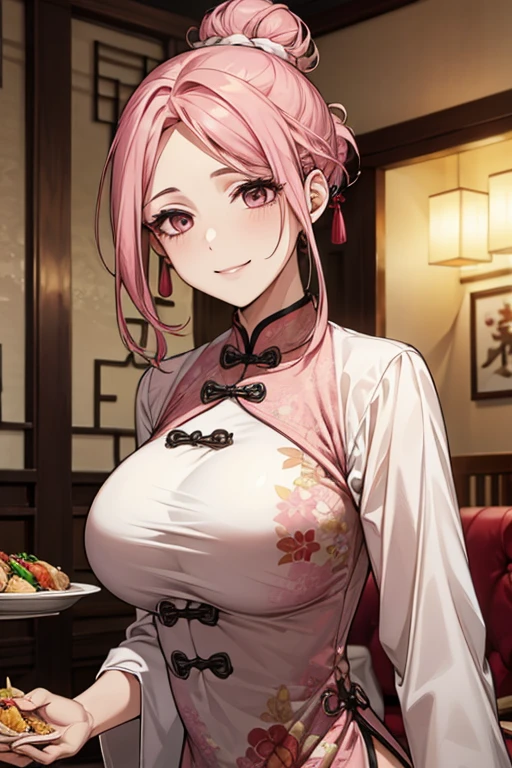 Highest quality,Masterpiece,8K,China Long Dress,Big Breasts,Best Style,Droopy eyes,Bright smile,Pink Hair,Hair Bun,Chinese restaurant,waiter,