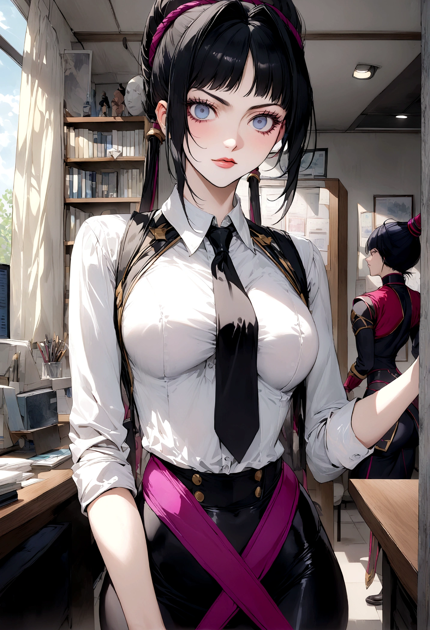 juri han, work of art, tight white secretary shirt with black tie, black high waist skirt, short skirt,stocking, black hair, black tights,office,franja nos olhos,iluminação,chifre de cabelos,visão de cima,olhando para cima,brava,sorriso maligno