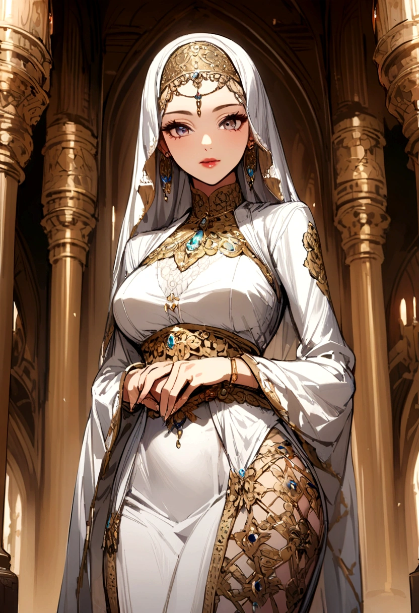 nsfw, (the Middle East, harem outfit, dancer), (((front view))), 1girl, solo, see-through, arm under breasts, (masterpiece:1.4), (RAW photo, best quality:1.4), (high_resolution:1.4), (ultra realistic:1.5), (photorealistic:1.2), (hyper supreme extreme quality beautiful women:1.2), (supreme hyper extreme realistic skin texture:1.2), (cinematic lighting, cinematic shadow, realistic lighting, realistic shadow:1.2), smart sharpe, hard focus, highres, uhd, detailed hands, detailed legs, (mature female:0.5), (glossy_skin:1.2), (pale_skin), Fcup breasts, thin waist, wide_hips, long_wavy_hair, (erotic smile:0.7), (mosqu palace), look_at_viewer,(open_mouth:0.4), (closed_eyes:0.3), (white clothes), veil, necklace, cloak,
