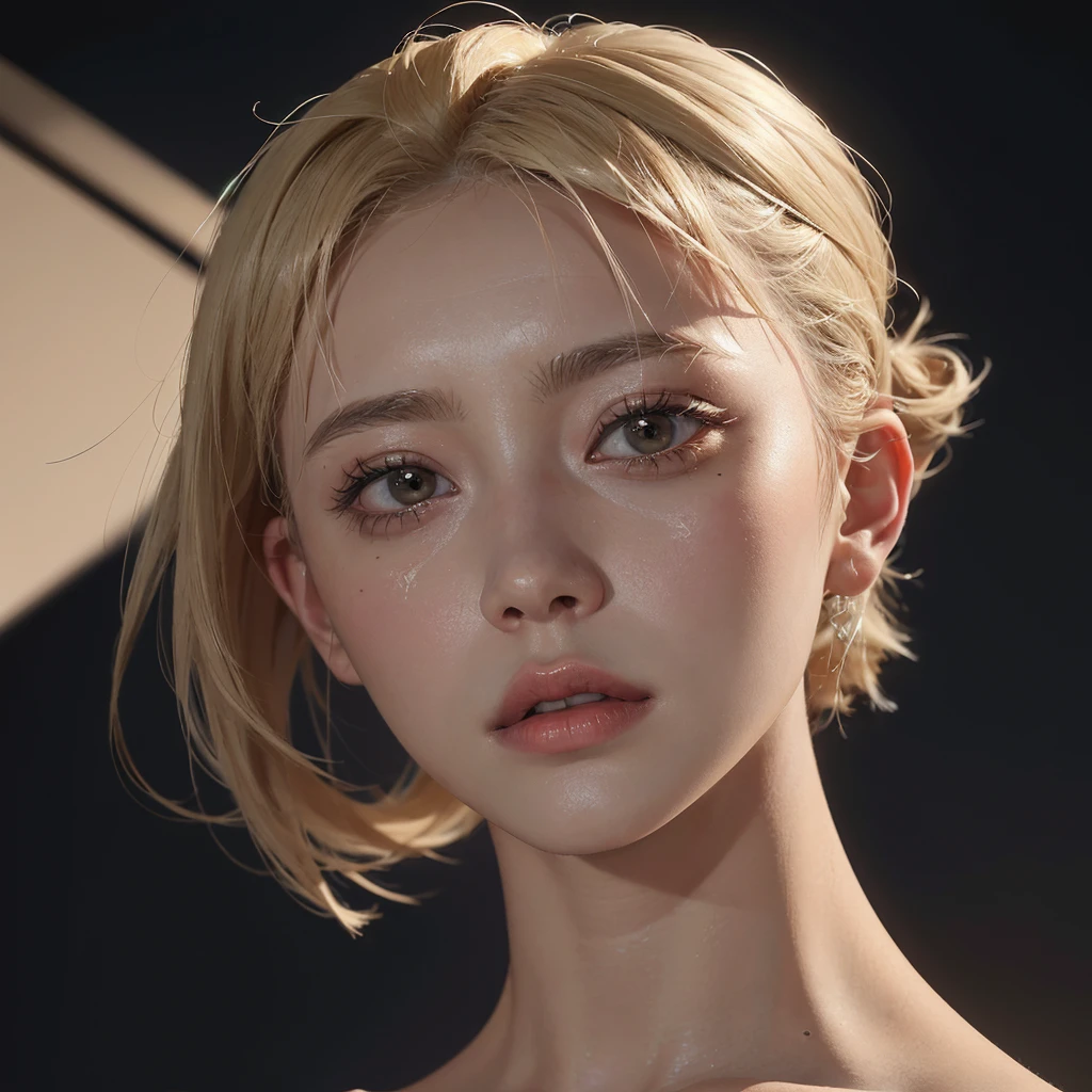 a 20 yo woman, blonde, (hi-top fade:1.3), dark theme, soothing tones, muted colors, high contrast, (natural skin texture, hyperrealism, soft light, sharp)