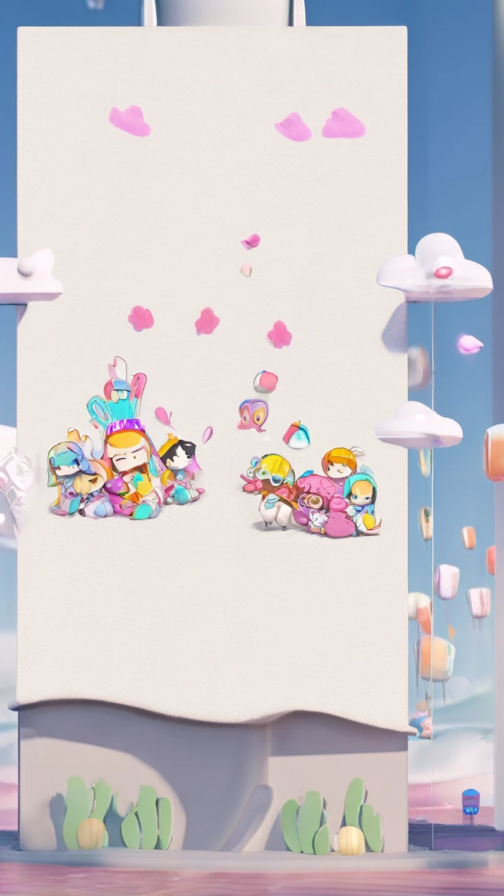 3d adorable and cute characters, a group of cute characters are looking at entertainment, random gender, random expression.