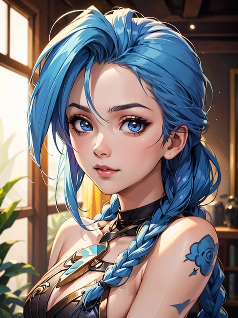 Masterpiece, ((Ultra detailed backgrounds, Delicate pattern, intricately details)), (Highly detailed, Fine details), Best quality, 1girll, Long hair, cleavage，Large breasts，Off-the-shoulder attire，Blue hair, Solo, jewelry, Earrings, pony tails, hair adornments, necklace, sky, Blue eyes, complex detailed background, outside, Sunny, desert town environment,  hair lift, with hands behind her back, Smile,