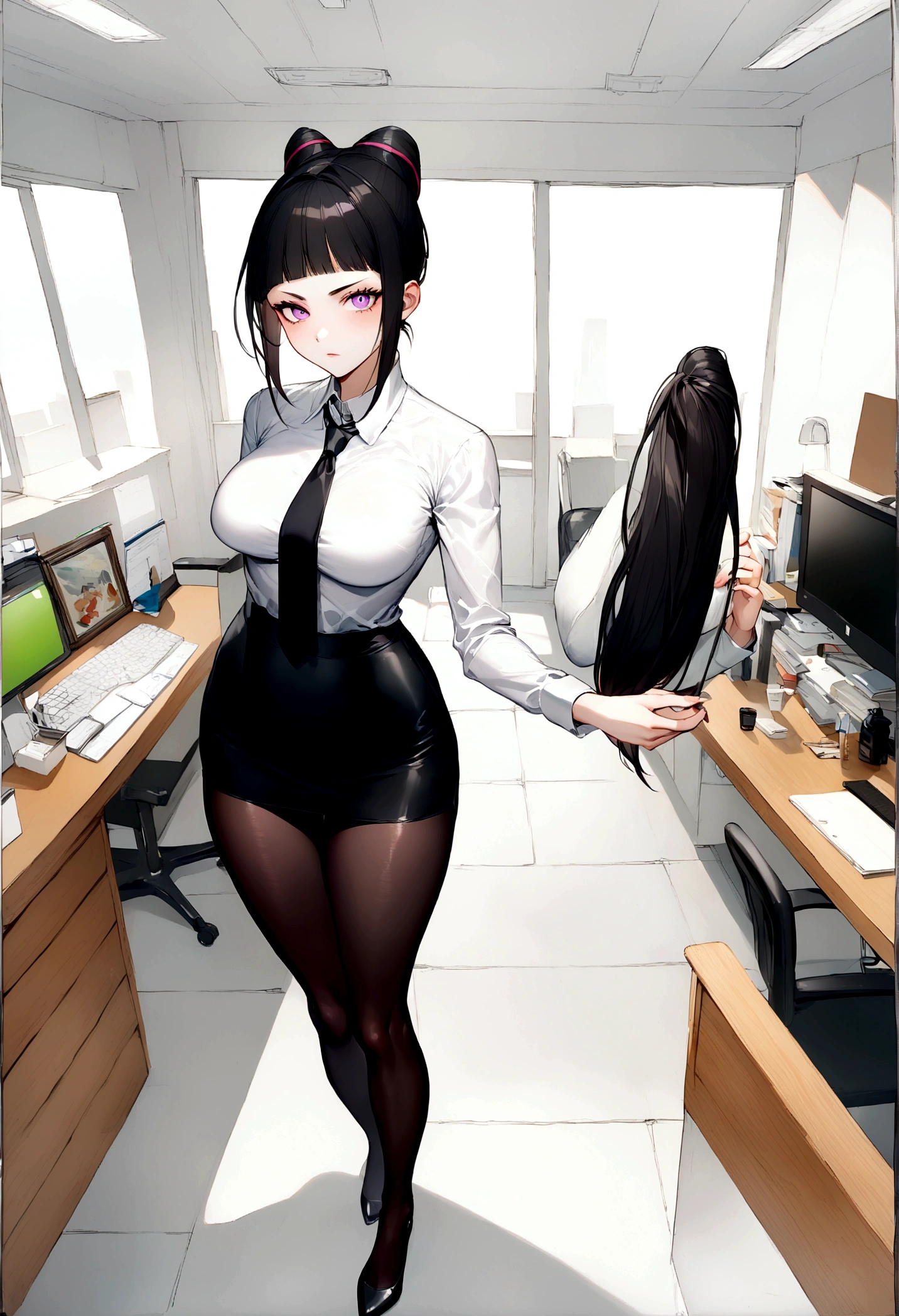 juri han, work of art, tight white secretary shirt with black tie, black high waist skirt, short skirt,stocking, black hair, black tights,office,franja nos olhos,iluminação,chifre de cabelos,visão de cima,olhando para cima,brava,sorriso maligno