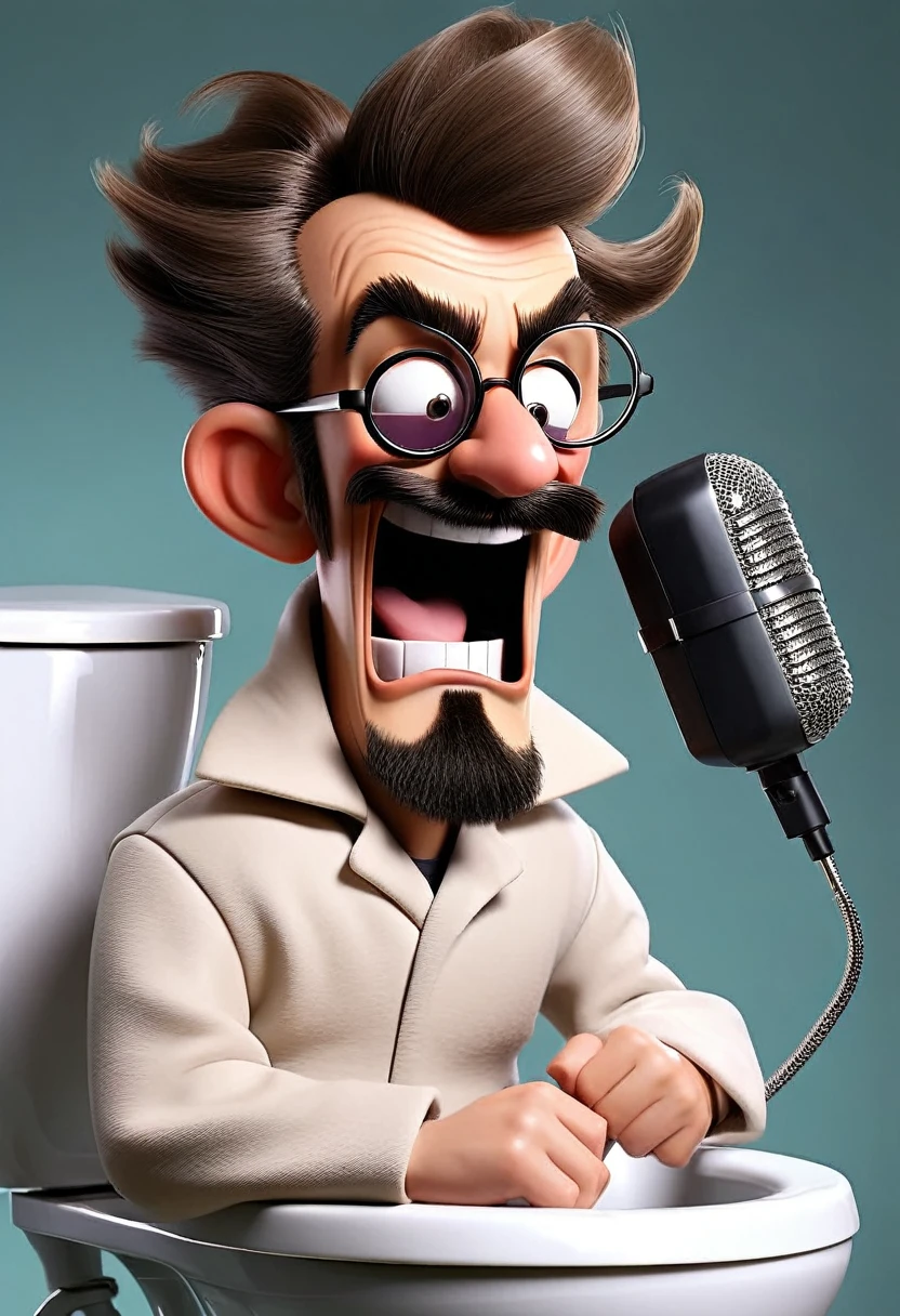 A crazy man with a goatee and quiff coming out of the toilet wearing a straitjacket. giggling. with dark glasses. speaking into a radio microphone