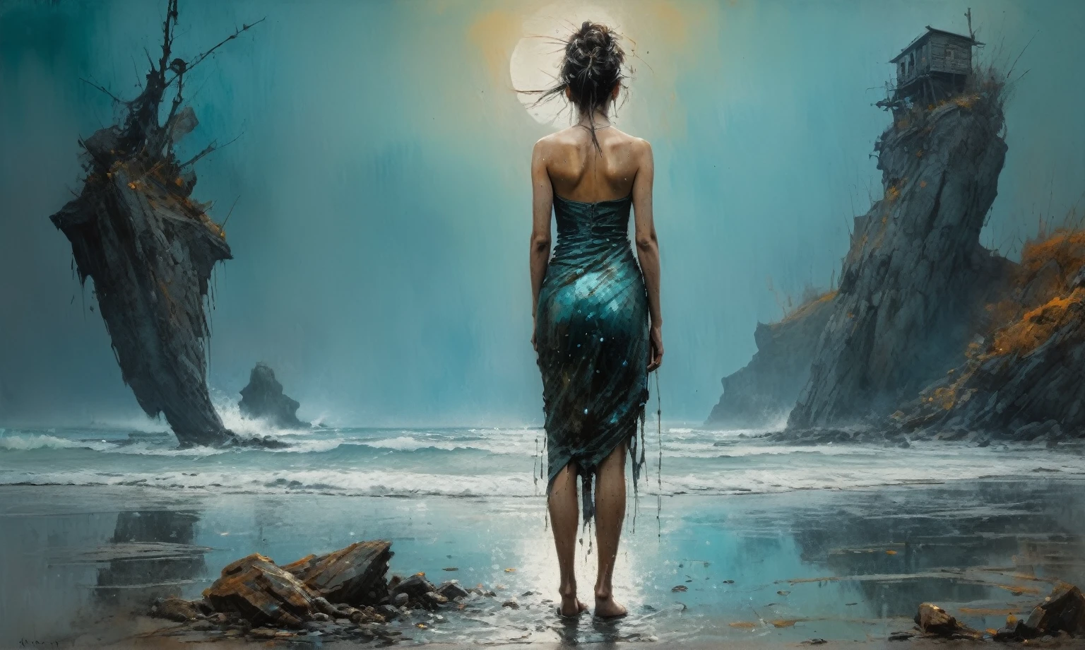  woman, stunning, highly detailed, 8k, ornate, intricate, cinematic, dehazed, atmospheric, (oil painting:0.75), (splash art:0.75),(teal:0.2),(orange:0.2), (by Jeremy Mann:0.5), (by John Constable:0.1),(by El Greco:0.5),(acrylic paint:0.75)full-body-shot,High contrast,Masterpiece,Realistic,Ultra Detailed,intricate details,realistic humid skin,extremely intricate,realism,photorealism, cinematic style,irina yermolova,HDR,((Wangechi Quality)),extremely detailed, [night landscape],masterpiece,intricate details,faded,eyes extremely detailed, high detailed eyes,16k resolution,RAW, Nikon Z9,chinese orc's village of fishers on seaside,authentic,full body length,Labradorite babygirl,native italian troll ,pretty face,eyebrow up,full body shot,ominous landscape,glate gray atmosphere,by art Simon Stalenhag,Nicola Samori,(((Wangechi Mutu))),prime colors,urban,extremely detailed,masterpiece,intricate details,faded,eyes extremely detailed, high detailed eyes,4k resolution,RAW, Nikon Z9,Mestichino,Light particles,marble leather ,ink photography  
