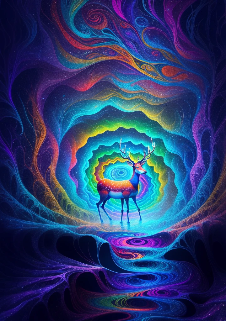 (Psychedelic paintings，A deer standing in front of a colorful swirl), ((Multiple antlers, stag, Big Head)), Vibrant colors, Thick Line, wave, Multi-layer, prospect, view, Fractal Thunder by Dan Mumford , Dan Mumford and Alex Gray style, Psychedelic surrealist art, Surreal psychedelic design, dream art style, illusion Psychedelic Art, infinite psychedelic wave, Inspired by Cyril Rolando Rolando), Realistic corrugated structure, Psychedelic Art style, Psychedelic Art, Psychedelic illustration--V6