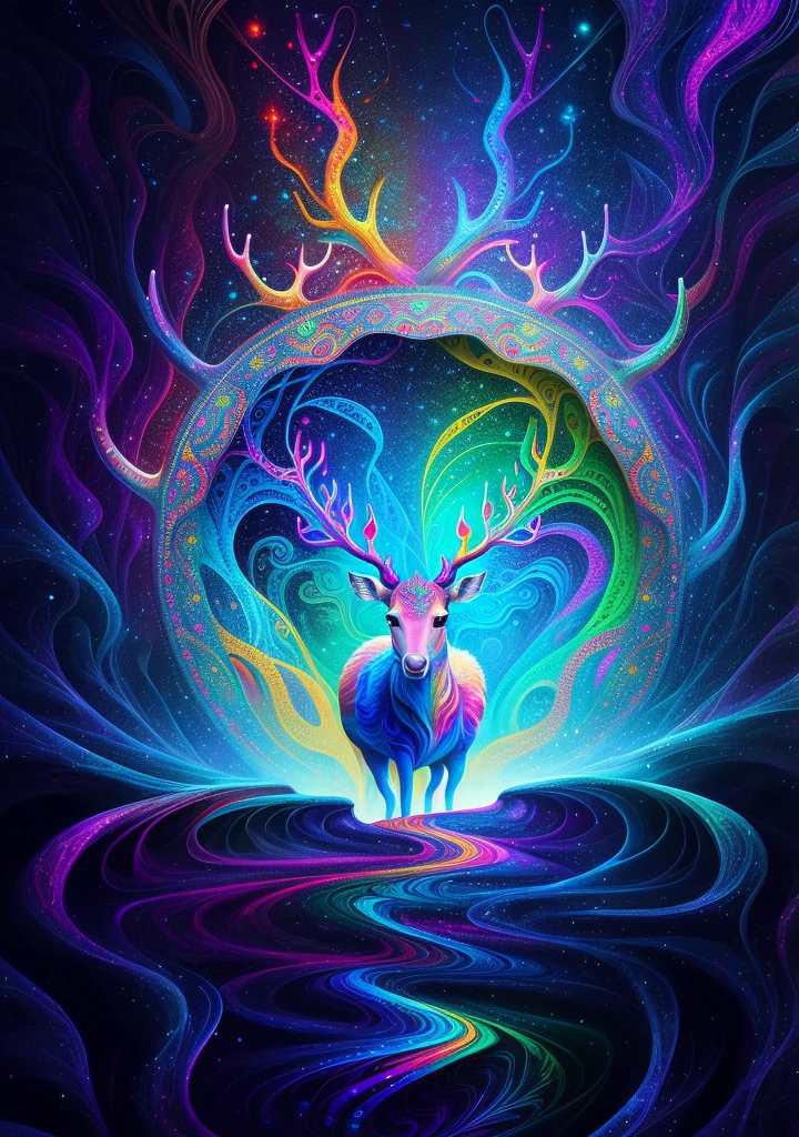 (Psychedelic paintings，A deer standing in front of a colorful swirl), ((Multiple antlers, stag, Big Head)), Vibrant colors, Thick Line, wave, Multi-layer, prospect, view, Fractal Thunder by Dan Mumford , Dan Mumford and Alex Gray style, Psychedelic surrealist art, Surreal psychedelic design, dream art style, illusion Psychedelic Art, infinite psychedelic wave, Inspired by Cyril Rolando Rolando), Realistic corrugated structure, Psychedelic Art style, Psychedelic Art, Psychedelic illustration--V6