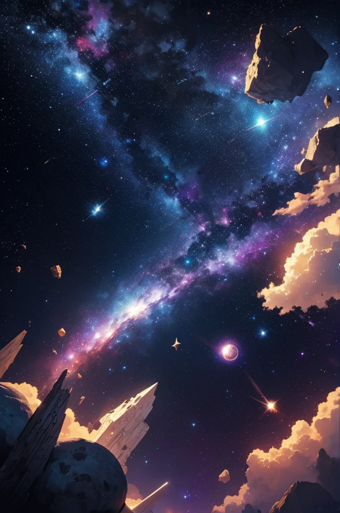 A space scene with nebulae, Stars and galaxies, reflecting the interdimensional theme.Floating Elements: Small cosmic shards and runes floating around Riven's image to add dynamics and depth. Border and Layout: Soft, rounded edges with a slight shine, complementing the interdimensional theme.Paleta de cores: cosmic black, azul celestial, fiery red, mystic silver, Golden Style: Futuristic and mystical design with light and shadow effects. Stylized fonts with a touch of fantasy and science fiction.