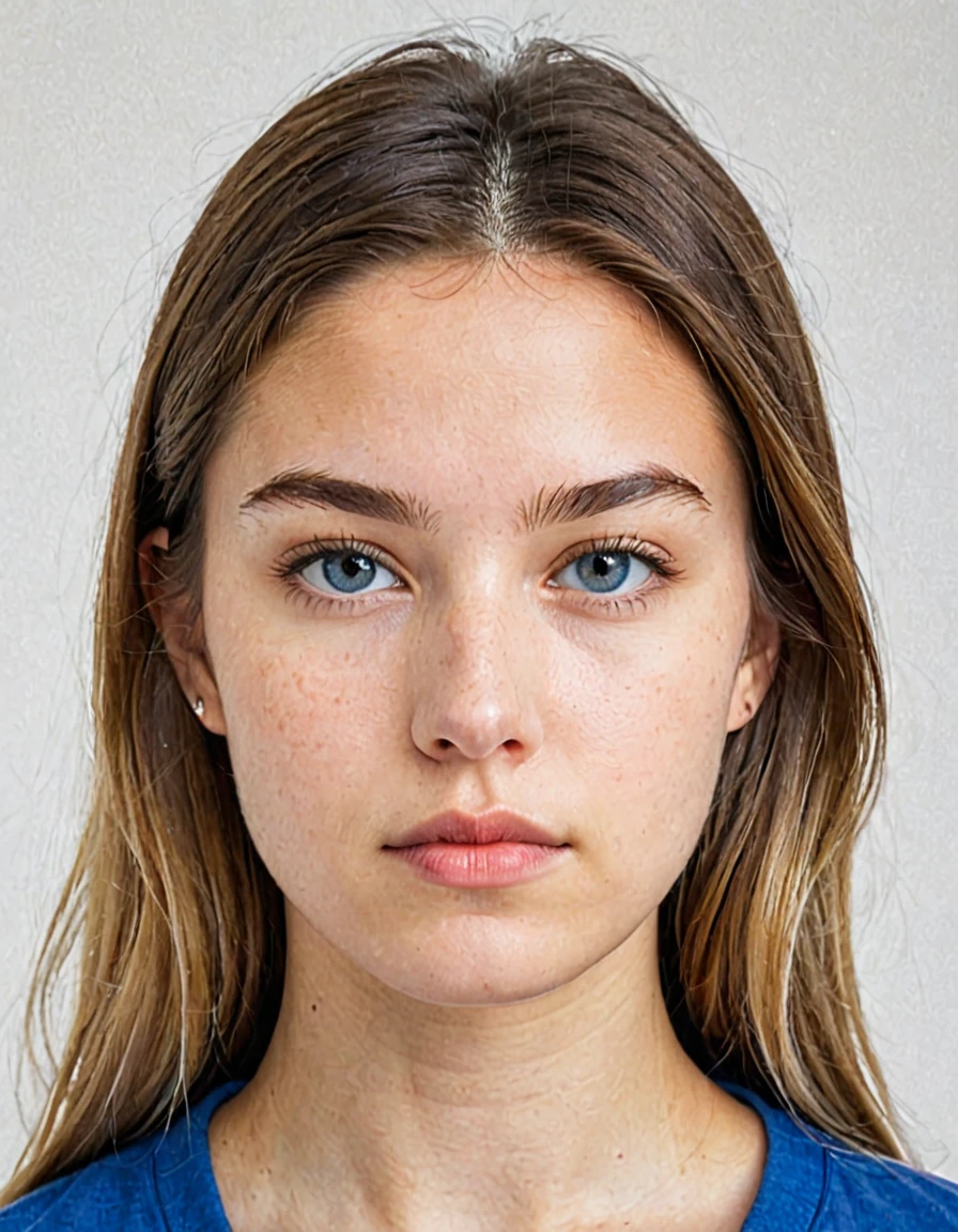 pure white background, white id photo, closeup, photo of 23 y.o woman in blue clothes, serious face,