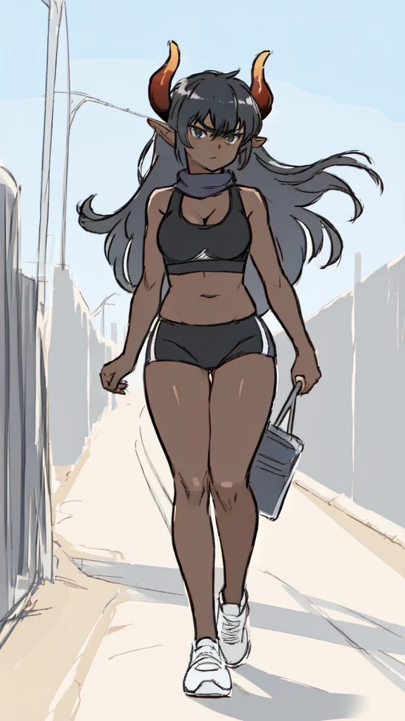 1girl ,25s,adult,serious face,long hair, black hair,horns,elf ears,((black scarf)),cleavage,((dark skin)),(black sports bra, midriff),walking,