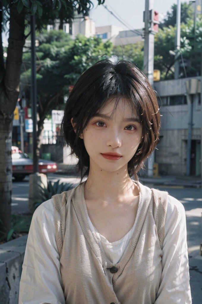 (Skin details:1.4), (smooth skin textures:1.3), Lipstick, background, Direct vision, earrings, serene, calm, (Realistic and detailed eyes:1.2), Natural skin texture, Realistic facial details, Soft dramatic lighting, Vivid details, 35 mm film, outdoor, (Photo Practical:1.4), (hyper Practical:1.4), (Practical:1.3), (Smoother lighting:1.05), (Improve lighting quality:0.9), (Highest quality real skin textures:1.4), Exquisite eyes, Delicate face, Close-up of face, (Enhance the beauty of skin texture:1.1), Hair details, Vest,normal body ratio, short hair, Moles under the eyes, thinking, A faint smile,公园background,Portrait Photography, Depth of Field, Bokeh, Surrealism, Ray Tracing, (Portrait Photography:1.1), Surrealism, High Detail, Chiaroscuro, Ray Tracing, reflected light, Ultra HD, Ultra HD, masterpiece, Textured Skin, Super Detail, High Detail, high quality, best quality
