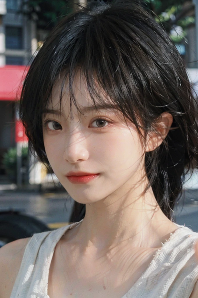 (Skin details:1.4), (smooth skin textures:1.3), Lipstick, background, Direct vision, earrings, serene, calm, (Realistic and detailed eyes：1.2）, Natural skin texture, Realistic facial details, Soft dramatic lighting, Vivid details, 35 mm film, outdoor, (Photo Practical:1.4), (hyper Practical:1.4), (Practical:1.3), (Smoother lighting:1.05), (Improve lighting quality:0.9), (Highest quality real skin textures:1.4), Exquisite eyes, Delicate face, Close-up of face, (Enhance the beauty of skin texture:1.1), Hair details,  Vest，normal body ratio, short hair, Moles under the eyes, thinking, A faint smile,公园background，Portrait Photography, Depth of Field, Bokeh, Surrealism, Ray Tracing, (Portrait Photography:1.1), Surrealism, High Detail, Chiaroscuro, Ray Tracing, reflected light, Ultra HD, Ultra HD, masterpiece, Textured Skin, Super Detail, High Detail, high quality, best quality