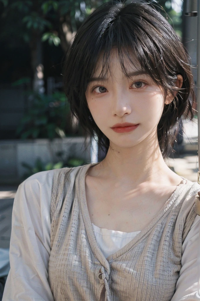 (Skin details:1.4), (smooth skin textures:1.3), Lipstick, background, Direct vision, earrings, serene, calm, (Realistic and detailed eyes：1.2）, Natural skin texture, Realistic facial details, Soft dramatic lighting, Vivid details, 35 mm film, outdoor, (Photo Practical:1.4), (hyper Practical:1.4), (Practical:1.3), (Smoother lighting:1.05), (Improve lighting quality:0.9), (Highest quality real skin textures:1.4), Exquisite eyes, Delicate face, Close-up of face, (Enhance the beauty of skin texture:1.1), Hair details,  Vest，normal body ratio, short hair, Moles under the eyes, thinking, A faint smile,公园background，Portrait Photography, Depth of Field, Bokeh, Surrealism, Ray Tracing, (Portrait Photography:1.1), Surrealism, High Detail, Chiaroscuro, Ray Tracing, reflected light, Ultra HD, Ultra HD, masterpiece, Textured Skin, Super Detail, High Detail, high quality, best quality