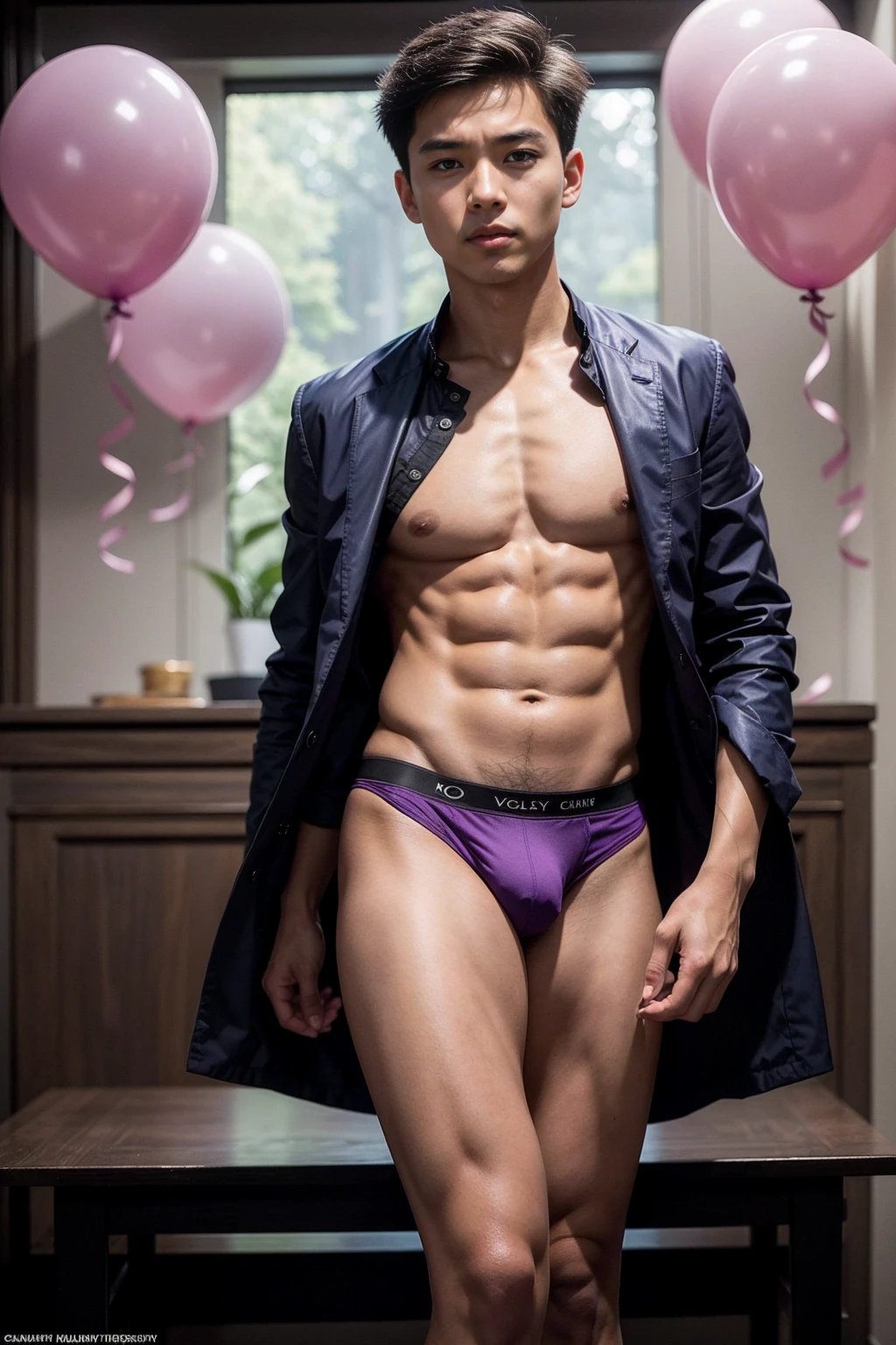 -yeld As boy, He stood with his legs spread out around him. big violet balloons, wearing a tight violet Calvin Klein men's underwear and curved legs., shirtless, abs, thin body, slim body, skinny body, handsome, teenager, young boy, youthful, boyish, cute, photography, realistic, big violet balloons, indoor soft lighting,(Best quality, 8k, Masterpiece).,highest detail, superior quality, natural lighting, beautiful, sexy, correct anatomy, good composition,Realistic faces, realistic shapes, realistic skin tones,Natural eyes,realistic eyes,looking up at viewer,Realistic convex crotch,realistic muscles,Realistic wrinkles on the skin,Realistic arms and legs,Realistic face,realistic hair,Make a sexy and seductive face, boy focus,amazing composition, front view, HDR, volumetric lighting, ultra quality, elegant,Realistic pose,detailed hair,full body,Fujifilm XT3 photorealistic art by midjourney