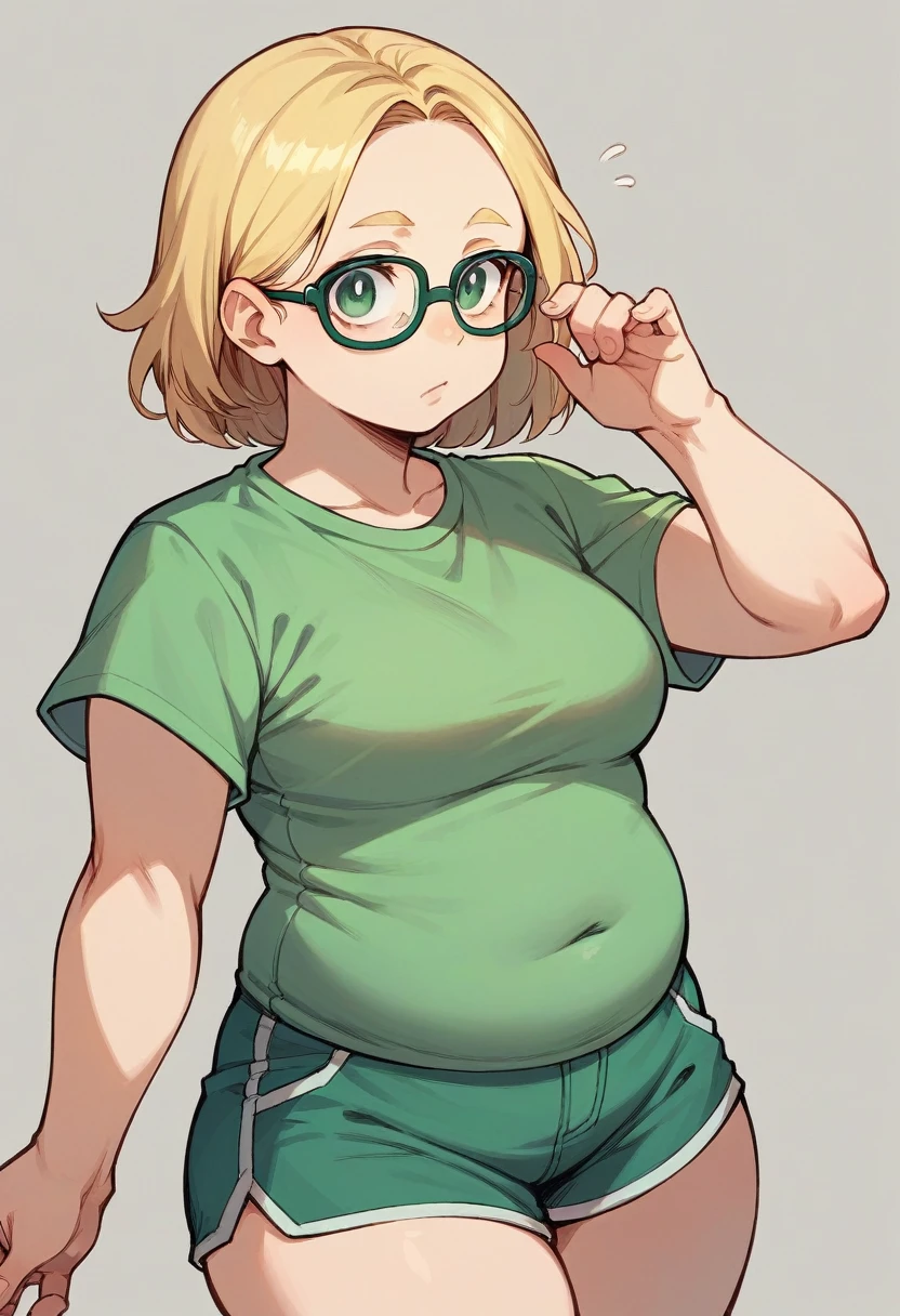 girl, chubby girl, blonde, green eyes, medium length hair, open forehead, no bangs, square-rimmed black glasses, short green shorts, shorts, shirt, green shirt, short sleeves, scout clothing style