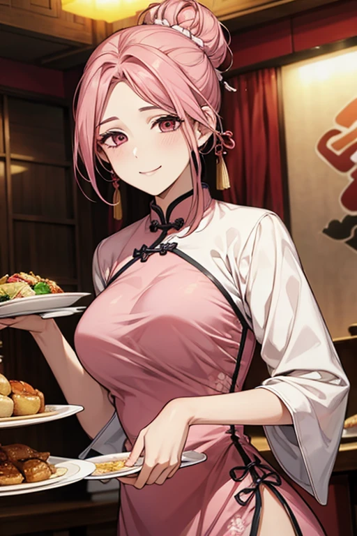 Highest quality,Masterpiece,8K,China Long Dress,Big Breasts,Best Style,Droopy eyes,Bright smile,Pink Hair,Hair Bun,Chinese restaurant,waiter,