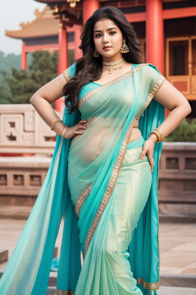 1 Heavenly beautiful and goddess beauty cute and sweet looking face Indian female in front of Baoshao Stone City, China, Heavenly beautiful Overweight, Heavenly beautiful Extremely fat, Heavenly beautiful and attractive Chubby figure , Heavenly beautiful looking and eye catching luxury style tight fitting Indian traditional sarees , reaching out, Heavenly beautiful Arabian woman, 16k, High resolution, masterpiece, highest quality, fine skin, outside view, Realistic Photograph, size 45 and waist size 32, close up face view