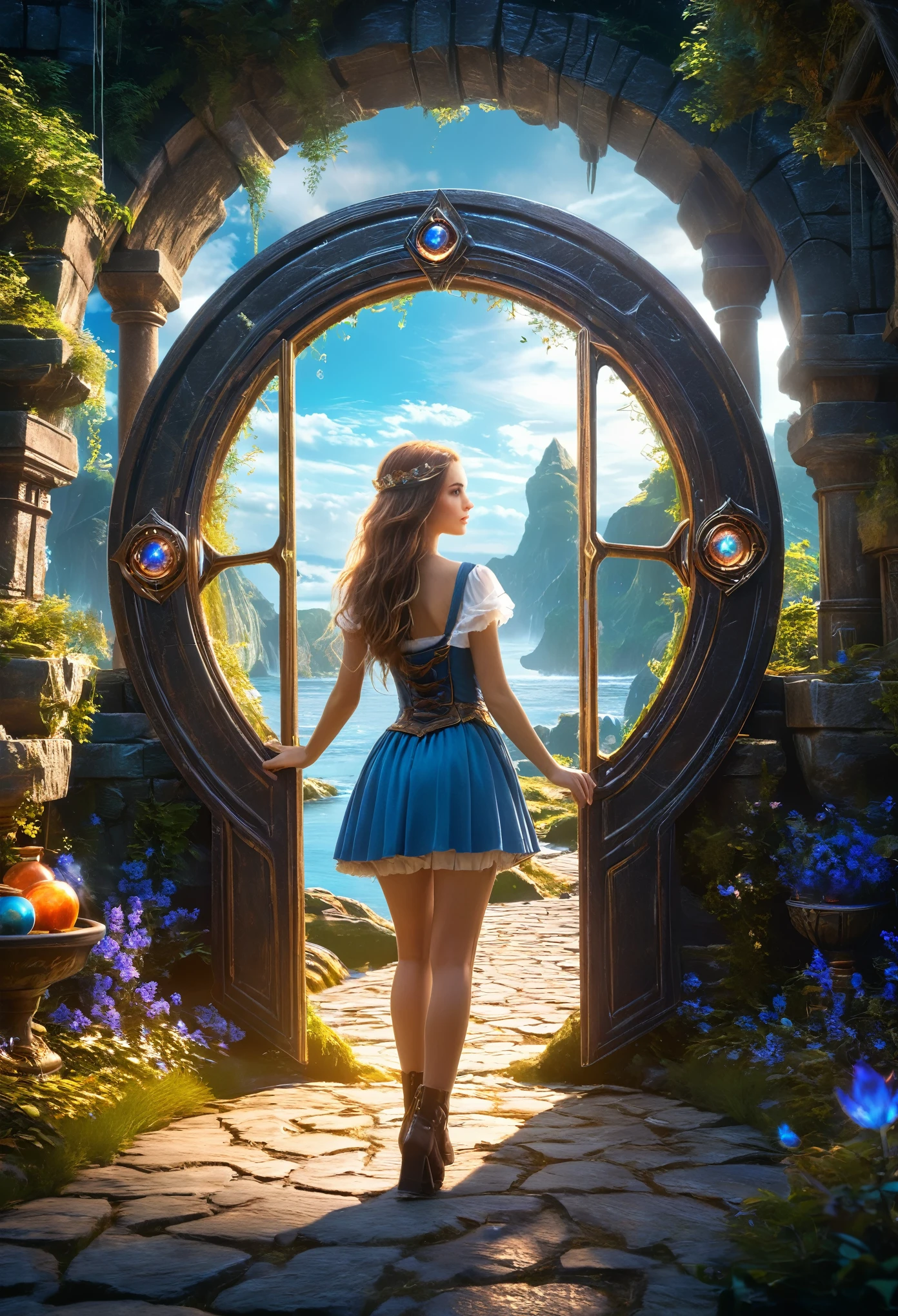 ,Beautiful girl, Fantasy world with magic portal, Everything is magical, The atmosphere is magical, Photo Real, Attention to detail, Highest quality, 4K