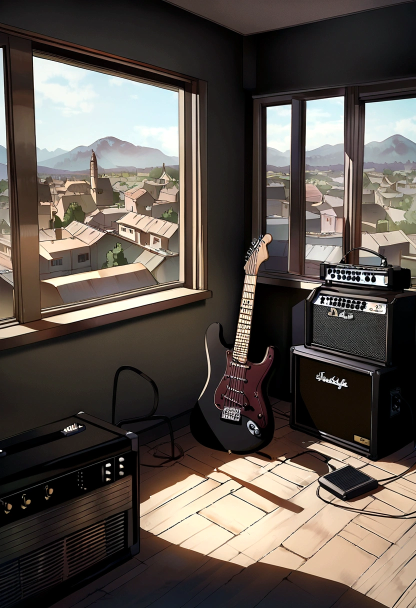 Black Stratocaster guitar and amp on the floor, in a studio room with a town view from the window, DC art style