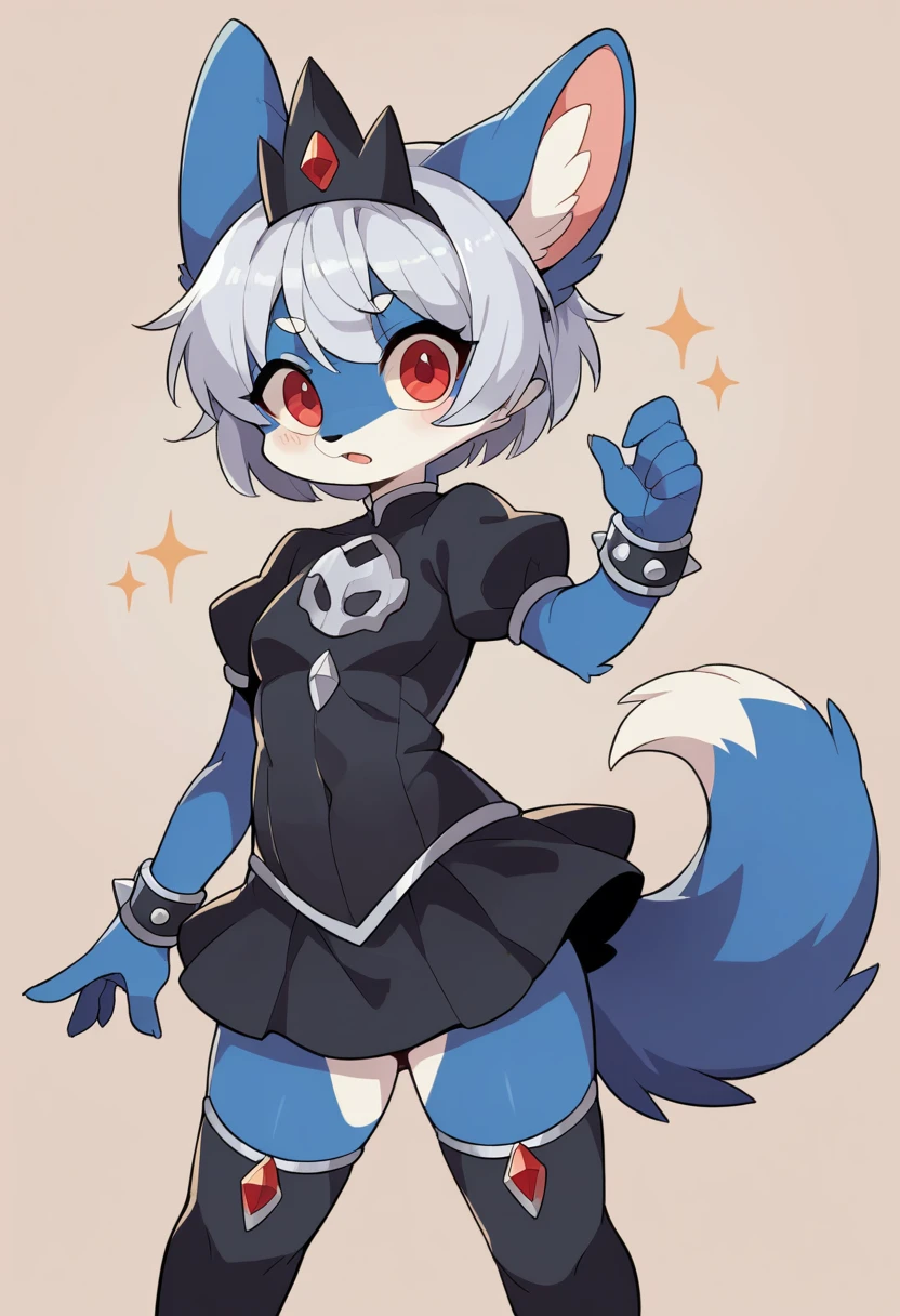 ((masterpiece)), (Highest quality))), (National costume, same characters, front, ~ side, return), 1 girl,(Big Ears,White and blue fur), whole body, Silver Hair, eyes hair, Beautiful red eyes, Princess Cut, Environmental change scene, Short skirt, Shyness, woman, girl, Are standing, red and black gothic loli, furry girl,ネズミのgirl, (simple returnground, white returnground: 1.3) ( masterpiece:1.2), (Highest quality:1.3)