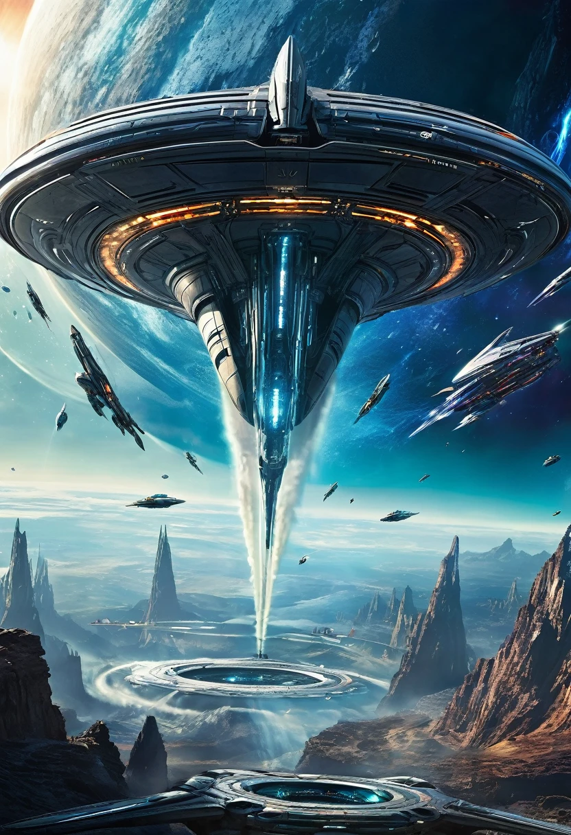 Embark on an epic sci-fi adventure with this captivating movie poster featuring futuristic spaceships soaring through a vast and mesmerizing galaxy, battling against alien forces. The composition captures the awe-inspiring scale and grandeur of the sci-fi universe, with stunning visuals and dynamic action. The use of vibrant colors and intricate details transports viewers to a futuristic world, filled with thrilling encounters and mind-bending technology. Directed by renowned filmmaker James Cameron,text