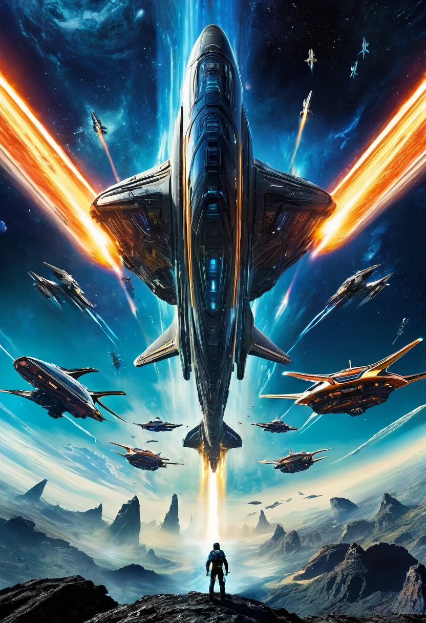 Embark on an epic sci-fi adventure with this captivating movie poster featuring futuristic spaceships soaring through a vast and mesmerizing galaxy, battling against alien forces. The composition captures the awe-inspiring scale and grandeur of the sci-fi universe, with stunning visuals and dynamic action. The use of vibrant colors and intricate details transports viewers to a futuristic world, filled with thrilling encounters and mind-bending technology. Directed by renowned filmmaker James Cameron,text