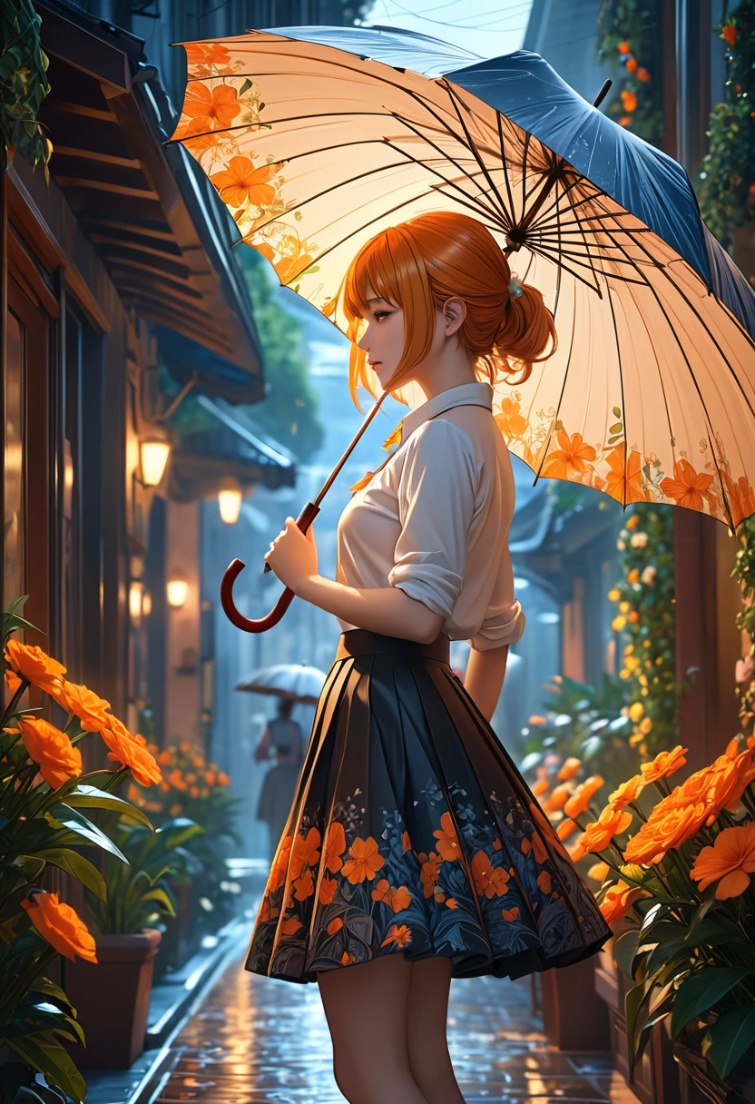 (masterpiece:1.4), (best quality:1.4), fantasy, extremely detailed, complex, hyper detailed, illustration,Soft lighting, 1 Girl, Holding an umbrella, Orange Hair_flower, skirt, bending_Exceed , (perfect_Face), Gorgeous, complex, Dramatic Lighting, 4K, detailed_background, Caustic lines, full_Body, digital_illustration, from_side