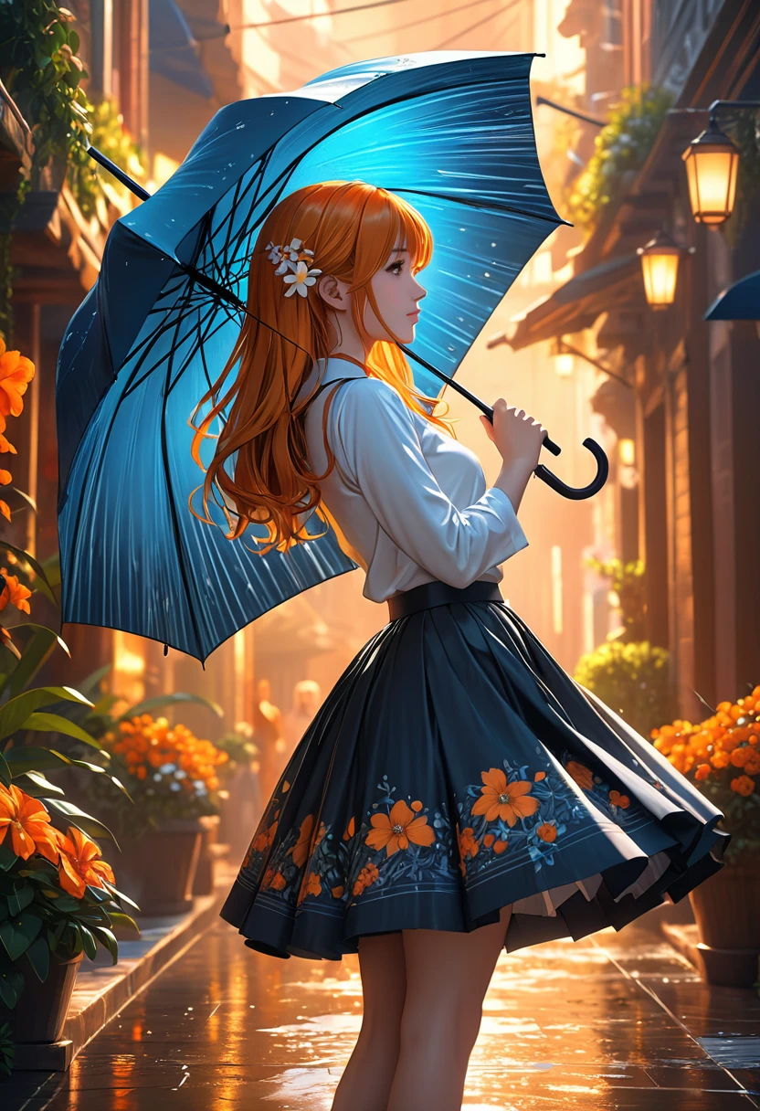 (masterpiece:1.4), (best quality:1.4), fantasy, extremely detailed, complex, hyper detailed, illustration,Soft lighting, 1 Girl, Holding an umbrella, Orange Hair_flower, skirt, bending_Exceed , (perfect_Face), Gorgeous, complex, Dramatic Lighting, 4K, detailed_background, Caustic lines, full_Body, digital_illustration, from_side