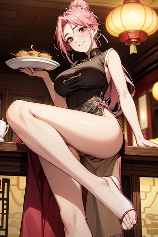 Highest quality,Masterpiece,8K,China Long Dress,Big Breasts,Best Style,Beautiful feet,Droopy eyes,Bright smile,Pink Hair,Hair Bun,Chinese restaurant,waiter,