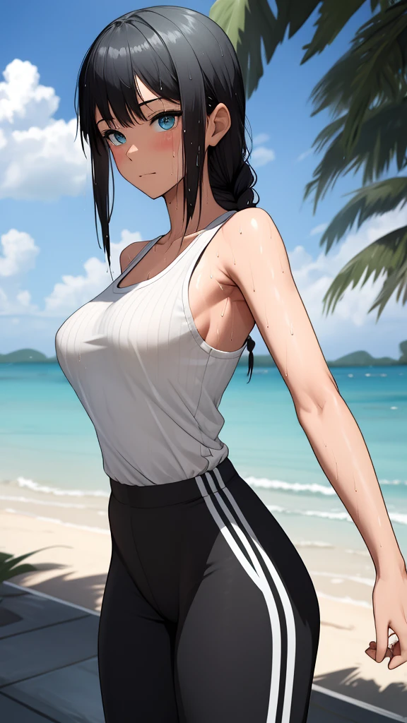 High quality, middle Ages aunty, mature aunt wearing long white tanktop, long white tanktop, long strict tanktop, white Strict Tanktop, long ribbed tank top, big Strap tank top covering stomache, big strap white tanktop, wet tanktop, sweating, sweating armpit, Very short dolphin Pants, short black Dolphin Pants, Outdoor, Beside the road, wet armpits because of sweating, looking at armpit, medium long straight ponytail cut long hair, long hair cute girl, pretty face, delicate face, blue eyes, full body, sad expression