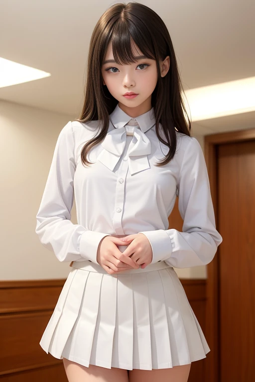 (masterpiece、Highest quality:1.7)、(13 years old:1.5)、(Above the knee shot:1.5)、(ceiling shot:1.5)、Bobcut、Black Hair、85mm、16K、Official Art、RAW Photos、Best Beautiful Faces、Close-up、Violet、Gardenia、((The best beautiful girl、very cute))、Red blush on cheeks、indoor、(Are standing:1.8)、Film Grain、Chromatic Aberration、Sharp Focus、(((Nice hands、Perfect hands、Perfect Fingers、Thin and delicate fingers、A perfect body without flaws)))、Detailed face、(Slender body:1.5)、(Slender body:1.4)、(Small breasts:1.7)、(Let your bangs hang down:1.8)、(Blushing:1.8)、(Low contrast lighting:1.2)、(White tight business blouse with collar:1.5)、(White bow tie blouse:1.3)、(Long sleeve: 1.5)、(White pleated mini skirt:1.5)、(Eyes closed:1.5)、(Hold your chest with both hands;1.5)