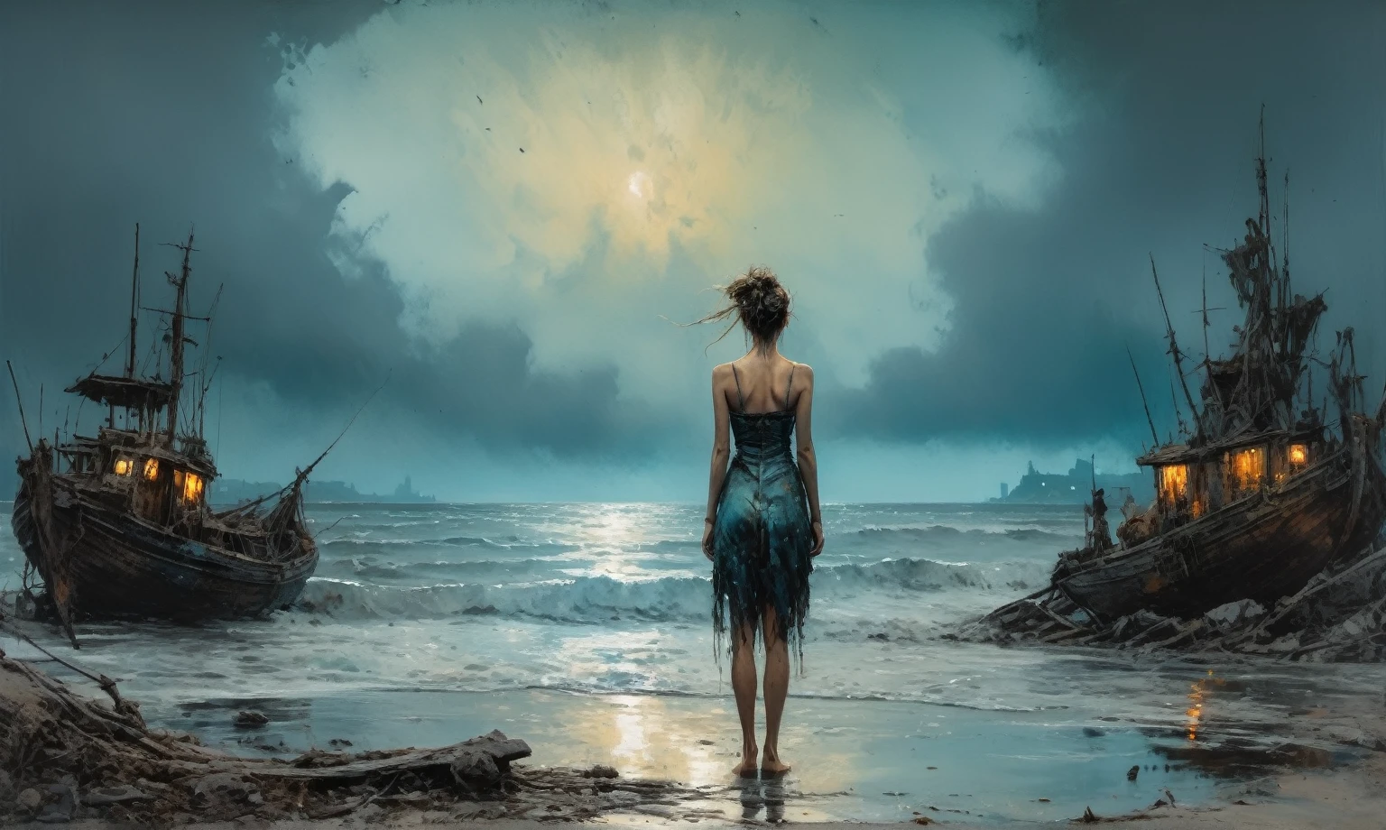  woman, stunning, highly detailed, 8k, ornate, intricate, cinematic, dehazed, atmospheric, (oil painting:0.75), (splash art:0.75),(teal:0.2),(orange:0.2), (by Jeremy Mann:0.5), (by John Constable:0.1),(by El Greco:0.5),(acrylic paint:0.75)full-body-shot,High contrast,Masterpiece,Realistic,Ultra Detailed,intricate details,realistic humid skin,extremely intricate,realism,photorealism, cinematic style,irina yermolova,HDR,((Wangechi Quality)),extremely detailed, [night landscape],masterpiece,intricate details,faded,eyes extremely detailed, high detailed eyes,16k resolution,RAW, Nikon Z9,chinese orc's village of fishers on seaside,authentic,full body length,Labradorite babygirl,native italian troll ,pretty face,eyebrow up,full body shot,ominous landscape,glate gray atmosphere,by art Simon Stalenhag,Nicola Samori,(((Wangechi Mutu))),prime colors,urban,extremely detailed,masterpiece,intricate details,faded,eyes extremely detailed, high detailed eyes,4k resolution,RAW, Nikon Z9,Mestichino,Light particles,marble leather ,ink photography 