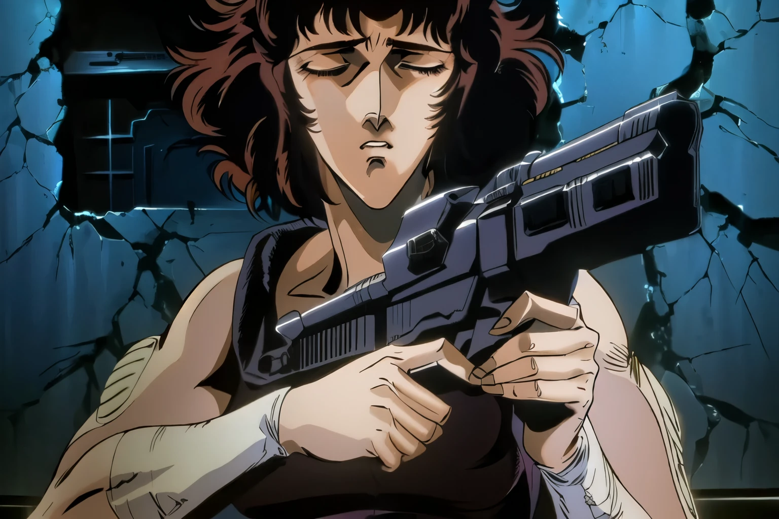 there is a woman holding a gun in a dark room, ellen ripley, ripley, from aliens franchise, 