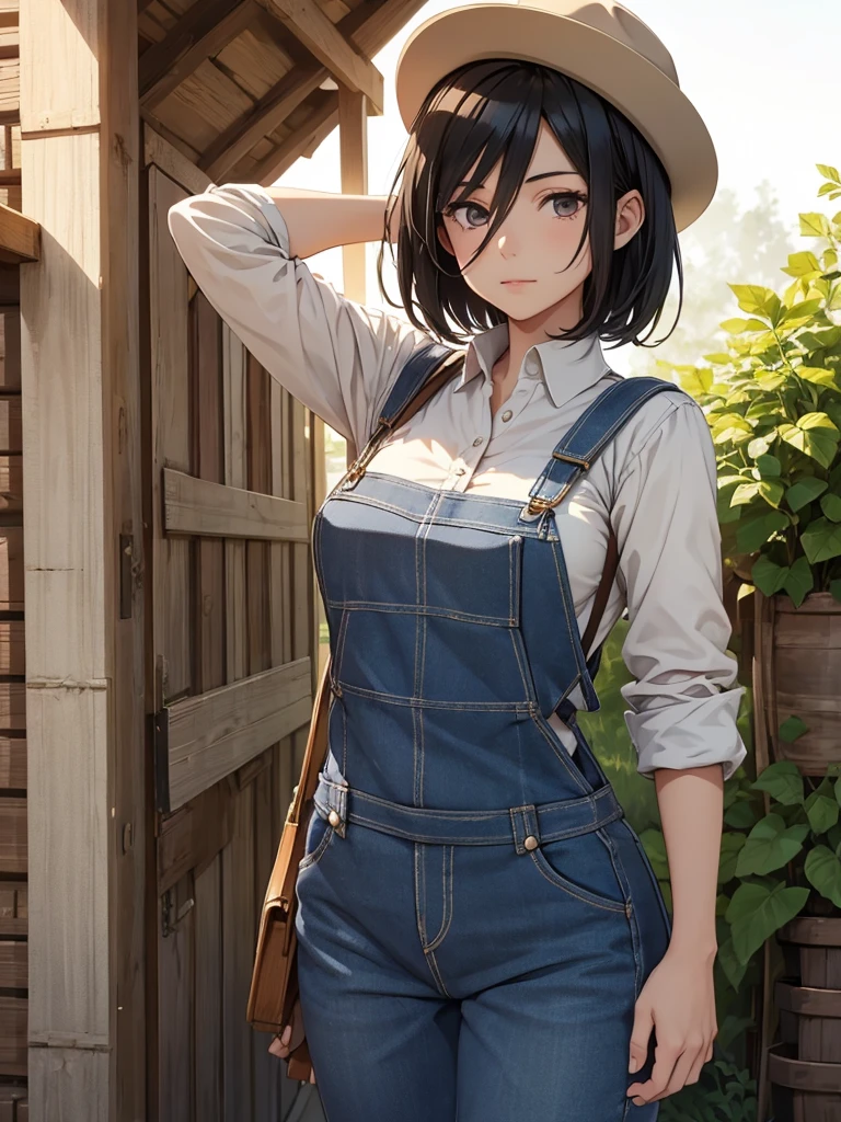 Mikasa, 1girl, as a farmgirl, wearing a farm outfit with overalls and hat, at a farm, black short hair, 8k, high detailed, high quality
