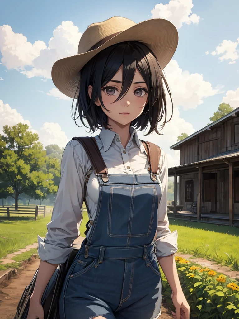 Mikasa, 1girl, as a farmgirl, wearing a farm outfit with overalls and hat, at a farm, black short hair, 8k, high detailed, high quality
