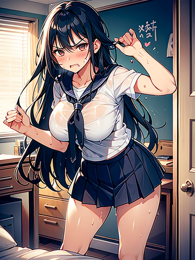 Grabbing a dildo inserted in her pussy, Pleated skirt, My Room, (Angry face, blush, Sweat), standing, navy long hair, Big Breasts