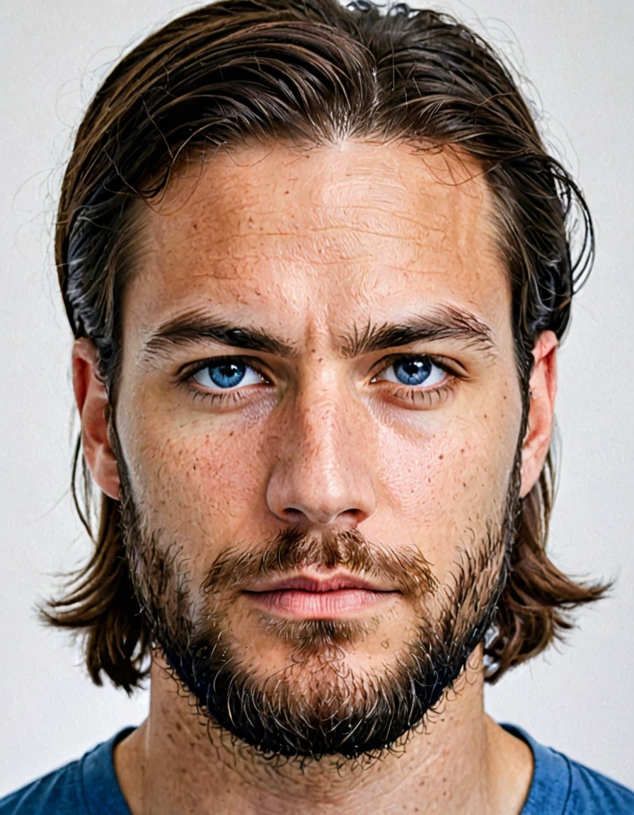 pure white background, white id photo, closeup, photo of 30 y.o man in blue clothes, serious face, skinny, beard, long hair, scar