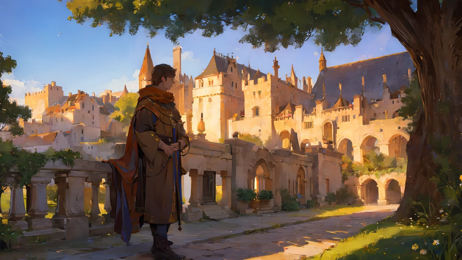 Overlooking，Big Tree，light dots，City，Imagine，Medieval style，8K picture quality, 4k picture quality, masterpiece, The award-winning, the best