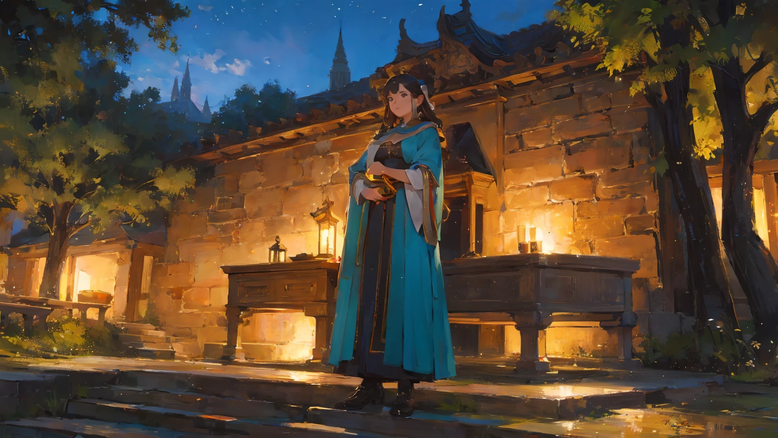 Overlooking,Big Tree,light dots,City,Imagine,Medieval style,8K picture quality, 4k picture quality, masterpiece, The award-winning, the best