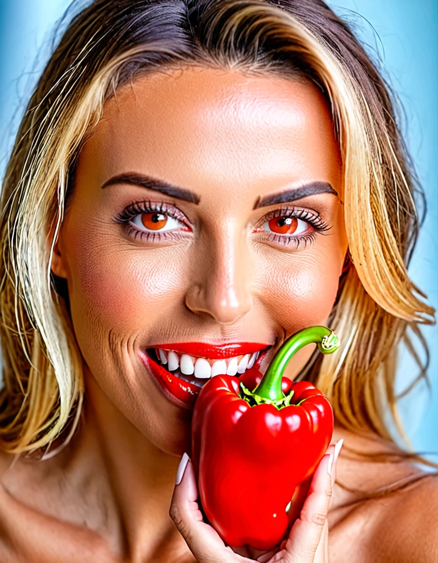 Photo of Challenging flirty sexy woman, she has a (natural uneven skin), (natural mommy look), she looks into the camera, ((between her teeth she has a red pepper)) masterpiece, perfekt view, realistic