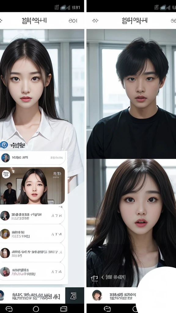 (high quality), (SFW:1.2), split screen, delinquent, A mature, delinquent high school girl and a Korean adult man enjoying a smartphone chat app, Her smartphone display shows a number of adult Korean men having a conversation with a delinquent high school girl..., Chat language is English., The men are waiting for her reaction, pop-up window, there'still, The man is asking her to chat on his smartphone screen. Chat takes place alternately between women and men....