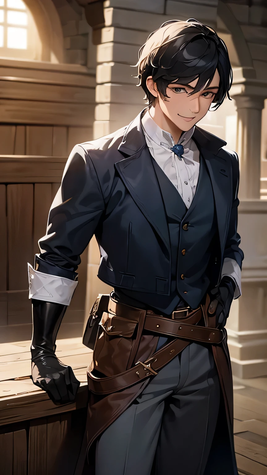(Best quality, dynamic lighting, highly detailed, HDR) handsome man, short black hair, smiling, simple medieval outfit, adventurer/bard outfit, blue coat, white shirt, brown belt, black trousers, leather gloves and boots.