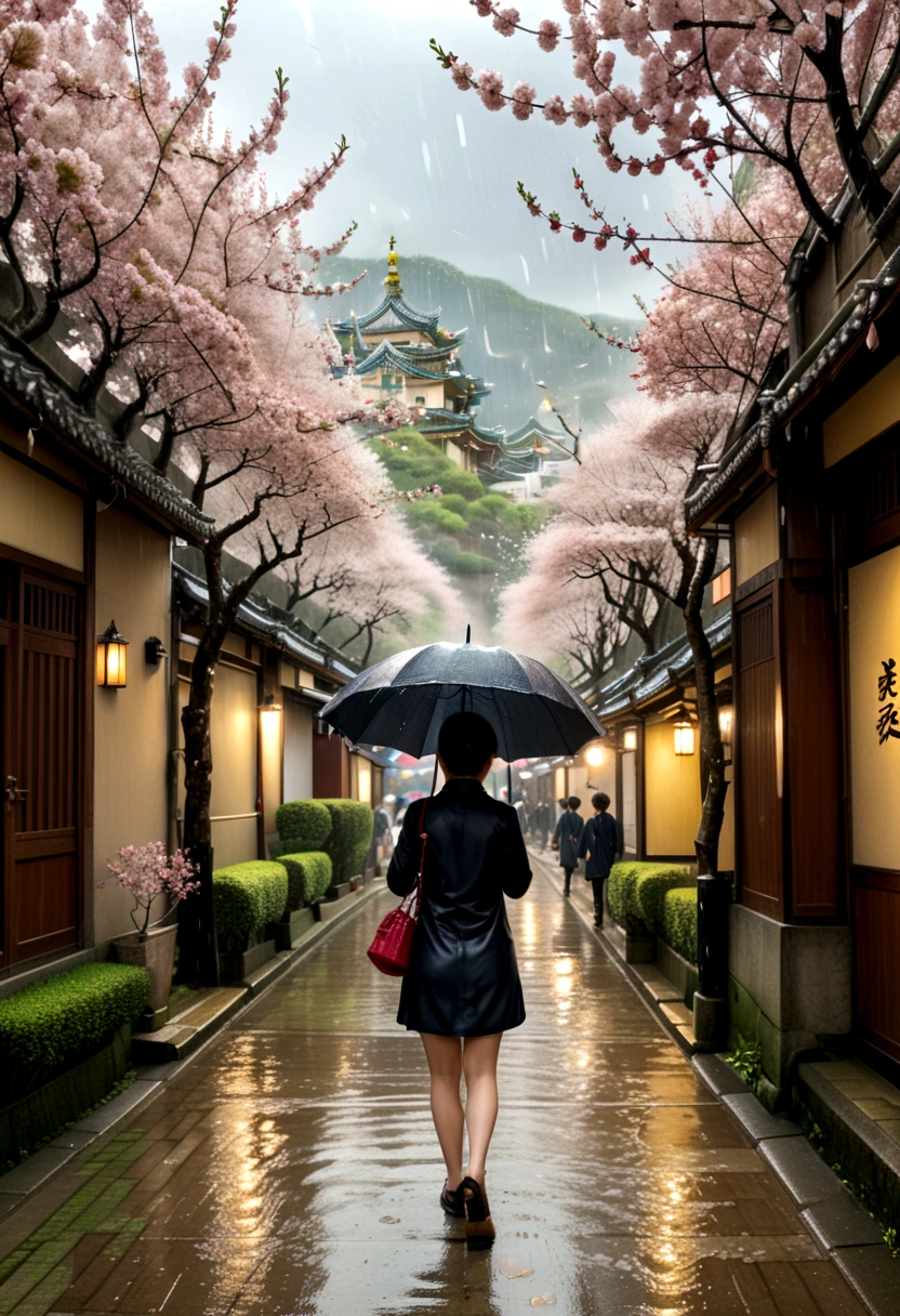 (Umbrella, rain), The scene mainly depicts a girl walking under a cherry blossom tree in the rain, with raindrops falling. The background of the scene is the cherry blossom tree and the path, and the camera is shot from a distance to display the overall picture, (panoramic view), Photography, award-winning, cinematic still, emotional, vignette, dynamic, vivid, (masterpiece, best quality, Professional, perfect composition, very aesthetic, absurdres, ultra-detailed, intricate details:1.3)