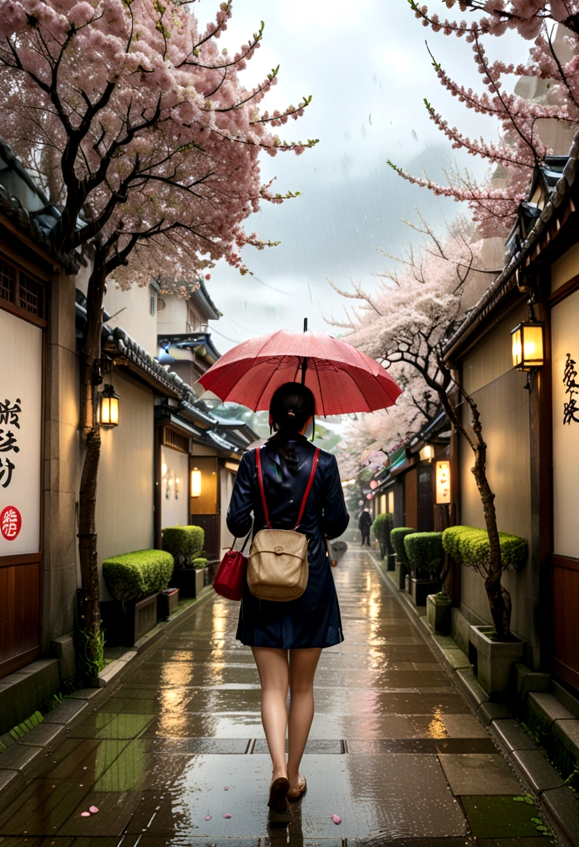 (Umbrella, rain), The scene mainly depicts a girl walking under a cherry blossom tree in the rain, with raindrops falling. The background of the scene is the cherry blossom tree and the path, and the camera is shot from a distance to display the overall picture, (panoramic view), Photography, award-winning, cinematic still, emotional, vignette, dynamic, vivid, (masterpiece, best quality, Professional, perfect composition, very aesthetic, absurdres, ultra-detailed, intricate details:1.3)