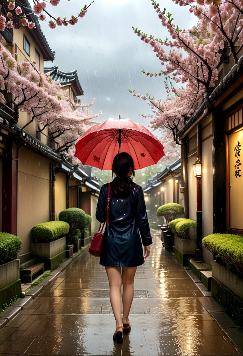 (Umbrella, rain), The scene mainly depicts a girl walking under a cherry blossom tree in the rain, with raindrops falling. The background of the scene is the cherry blossom tree and the path, and the camera is shot from a distance to display the overall picture, (panoramic view), Photography, award-winning, cinematic still, emotional, vignette, dynamic, vivid, (masterpiece, best quality, Professional, perfect composition, very aesthetic, absurdres, ultra-detailed, intricate details:1.3)