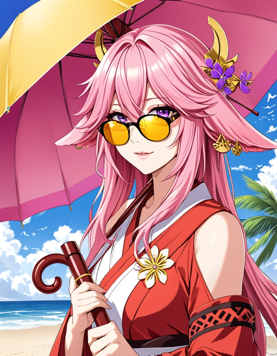 yae miko wearing stylish yellow sunglasses, Holding an umbrella, Pink Hair, Purple Eyes, beach