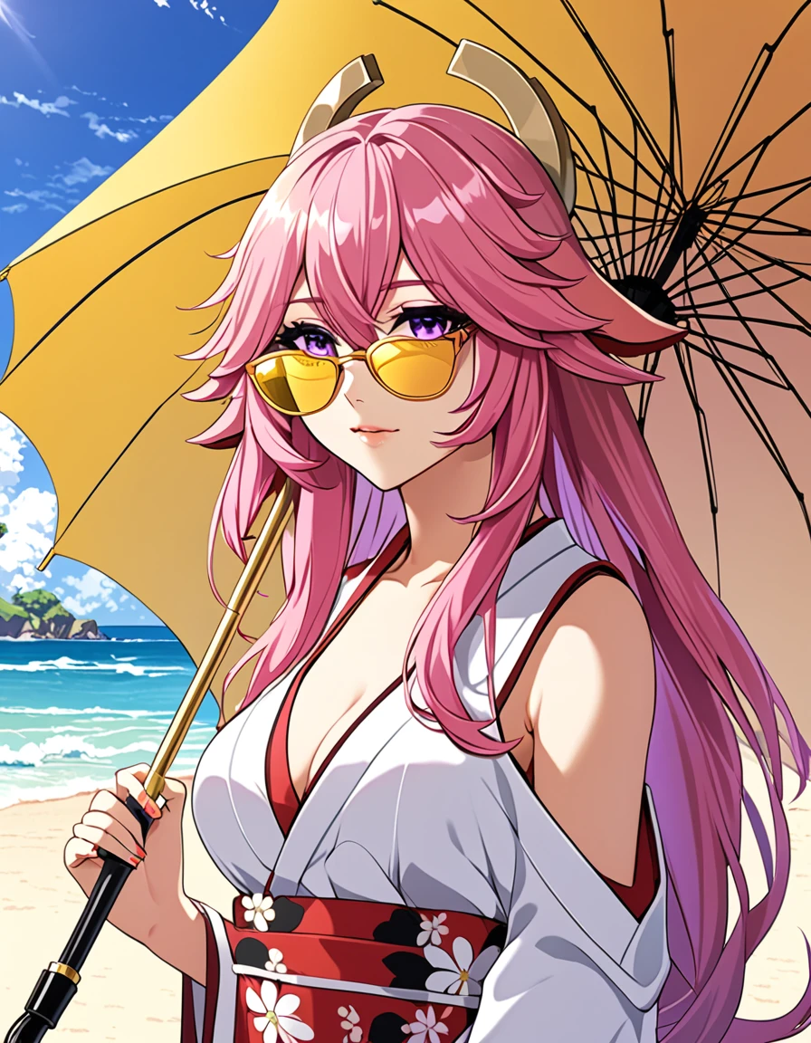 yae miko wearing stylish yellow sunglasses, Holding an umbrella, Pink Hair, Purple Eyes, beach
