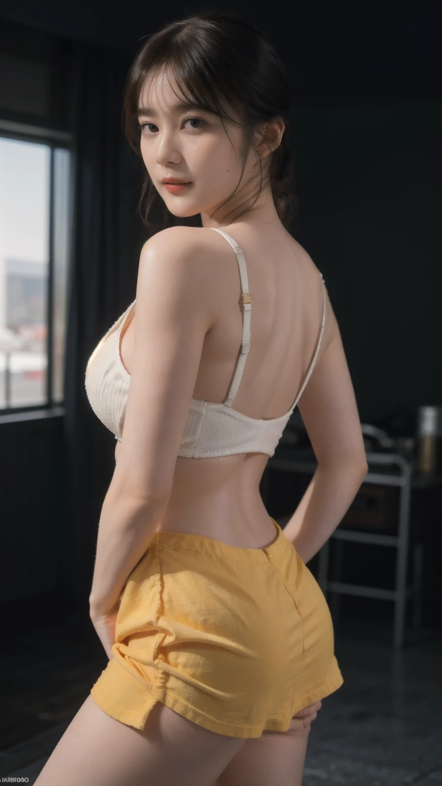 1girl, woman, masterpiece, best quality, highest quality, cinematic lighting, (volumetric lighting), extremely detailed CG unity 8k wallpaper, focused, 8k wallpaper, extremely detailed, ultra realistic, photorealistic, sharp focus, absurdres, (HDR:1.2), (high contrast), photograph, detailed and intricate, instagram, portrait, highly detailed, digital painting, artstation, concept art, smooth, sharp focus, illustration, cinematic lighting, natural big breast, (show back), (show ass), black short skirt, eyes looking at the viewer, perfect legs, (Standing)